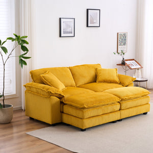 English Elm Corduroy Plush 2-Seat Sofa with 2 Back Cushions, Toss Pillows & Ottomans — Deep Seat Comfort Yellow W2363S00063