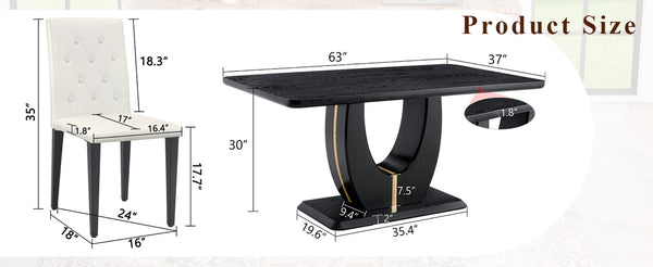 English Elm Black Wood Grain Mdf Dining Table Set Six Pu Leather Chairs Buckle Backrest Modern W1151S04472