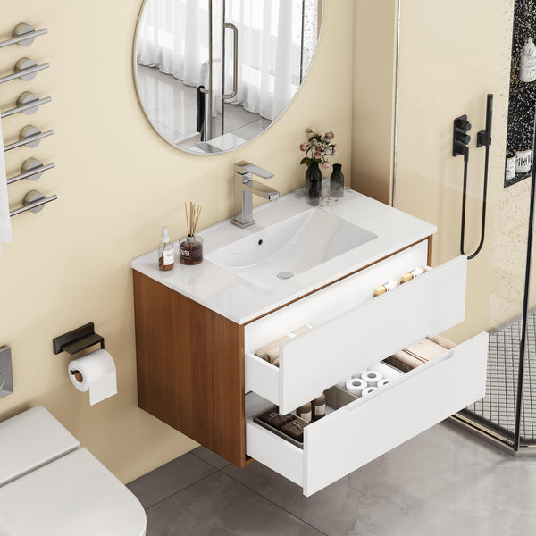 English Elm 32-Inch Wall-Mounted Bathroom Vanity With Sink Combo, Soft-Close Drawers, Modern Walnut Finish W3151S00049