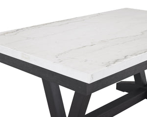 English Elm 1pc Faux Marble Rectangular Dining Table with Glossy Top and Black Trestle Wood Base, Modern Centerpiece White 76 L x 46 W x 18 H B011P196941