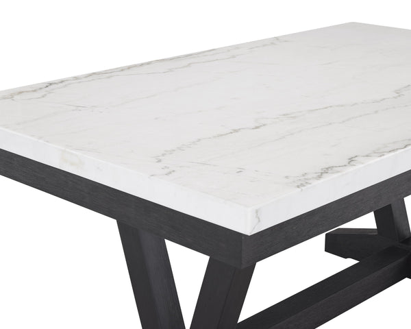 English Elm 1pc Faux Marble Rectangular Dining Table with Glossy Top and Black Trestle Wood Base, Modern Centerpiece White 76 L x 46 W x 18 H B011P196941