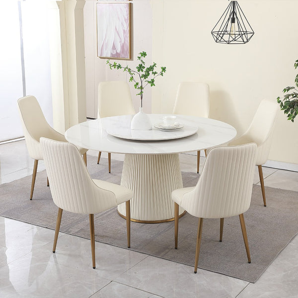 English Elm 59"modern Sintered Stone Round Dining Table Lazy Susan Pedestal Base with 4 Chairs W509S00165