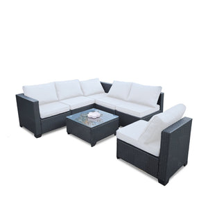 English Elm Seven-Piece Outdoor Rattan Sofa Set With Table & Beige Cushions - Stylish, Durable Patio Furniture W3152S00003-GIGA