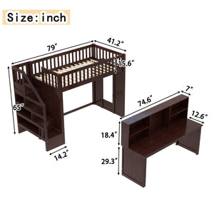 English Elm Twin Loft Bed with Movable Desk Open Shelving and Storage Stairs in Espresso W1580S00336
