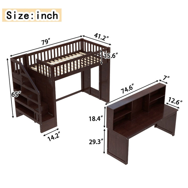 English Elm Twin Loft Bed with Movable Desk Open Shelving and Storage Stairs in Espresso W1580S00336