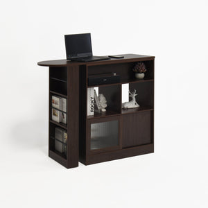 English Elm Modern Bar Cabinet Walnut with Rotating Top, Counter-Height Storage, 6 Shelves & Ribbed Glass Doors W409P167484