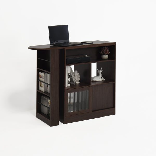 English Elm Modern Bar Cabinet Walnut with Rotating Top, Counter-Height Storage, 6 Shelves & Ribbed Glass Doors W409P167484