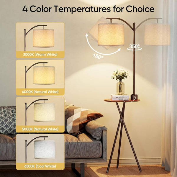 English Elm Floor Lamp with Built-in Side Table Usb Charging Remote Dimming for Living Room Brown W3355P440816