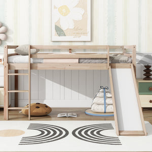 English Elm Twin Low Loft Bed with Slide and Ladder for Kids, Rubberwood Frame, Safety Guardrails & Playspace White Oak W504P218527