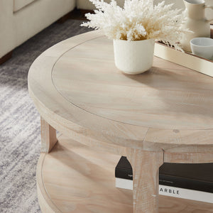 English Elm 40inch Rustic Curved 2-Tier Round Wooden Coffee Table with Wheels, Mid-Century Vintage Charm, Solid Pine Blend Oak W2582P202644
