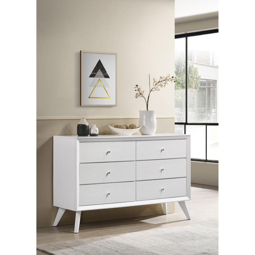 English Elm Contemporary Solid Wood White Dresser with Wave Fronts Bronze Knobs and Angled Legs B2741P470089