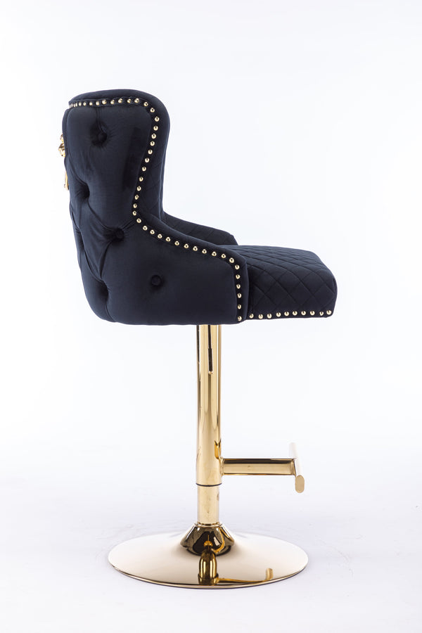 English Elm Hengming Velvet Bar Chair Stool with Plush Sponge Cushion, Gold Lion Head Pull & T‑Leg Base Gorgeous Finish and Anti‑Skid Feet (Set of 1) Black W212P156698