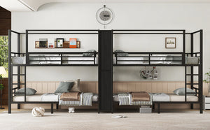 English Elm Twin Quadruple Metal Bunk Bed with Central Closet, Shelves & Wardrobe for Space-Saving Dormitory Living Black W1580S00154