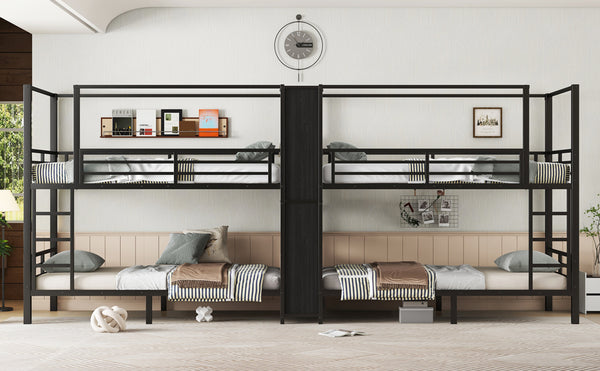 English Elm Twin Quadruple Metal Bunk Bed with Central Closet, Shelves & Wardrobe for Space-Saving Dormitory Living Black W1580S00154