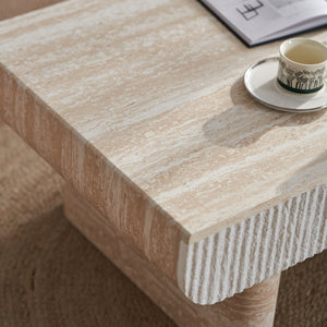 English Elm Coffee Table Mid Century Modern Oval with Faux Marble Top, Fluted Hidden Drawer, Small Space Friendly W3040P382310