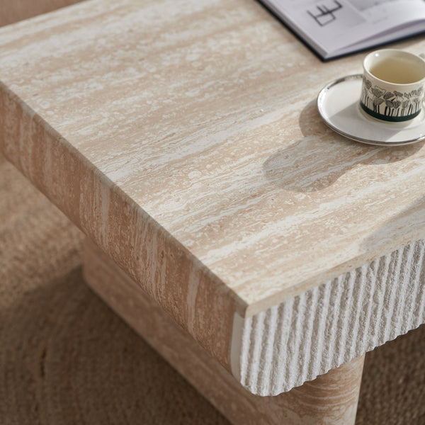 English Elm Coffee Table Mid Century Modern Oval with Faux Marble Top, Fluted Hidden Drawer, Small Space Friendly W3040P382310