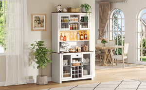 English Elm 70.9" Farmhouse Hutch Pantry with Led Lighting Wine Rack Mesh Doors and Built-in Power White CH361426AAK