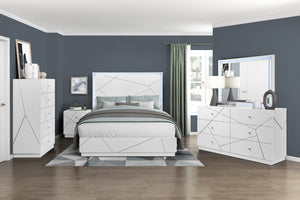 English Elm Glamorous White Lacquer California King Bed with Led Headboard and Geometric Accents B011S02214