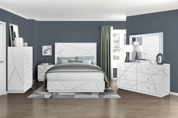 English Elm Glamorous White Lacquer California King Bed with Led Headboard and Geometric Accents B011S02214