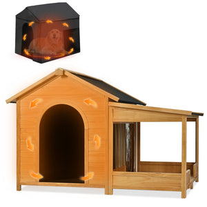 English Elm 60.2" Insulated Outdoor Dog House with Porch & Asphalt Roof, Elevated Pine Kennel for Dogs up to 120 lbs N704G201612A