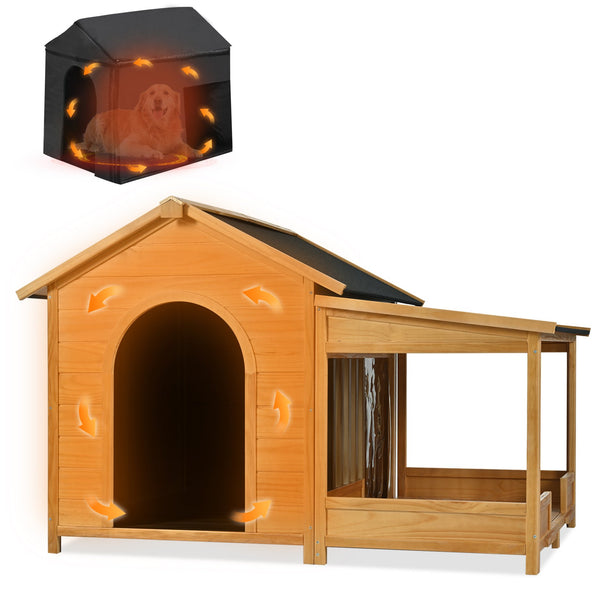 English Elm 60.2" Insulated Outdoor Dog House with Porch & Asphalt Roof, Elevated Pine Kennel for Dogs up to 120 lbs N704G201612A