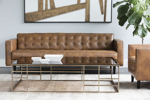 Sunpan DONNIE Sofa - Vintage Tobacco Tan Faux Leather, Mid-Century Modern Design with Cushions & Tufting 102507V