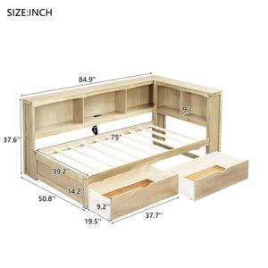 English Elm Twin Twin Size Daybed with USB Charging, Two Storage Drawers & Shelves, Sturdy MDF Frame, 300lb Capacity Wood GX000396AAD