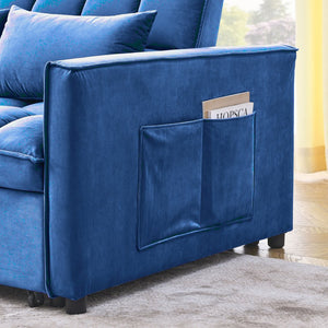 English Elm Sleeper Velvet Convertible Sofa Bed 3-in-1 Recliner 2-Seater Sectional with Pillows & Side Pockets Blue W1853P255671