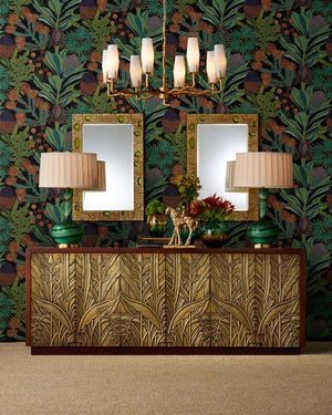 Currey & Company Jardin Credenza: Elegant Walnut Storage With Antique Brass Leaf Motifs For A Timeless Home Accent Brown Teak Wood ,Brass 3000-0324-currey-company