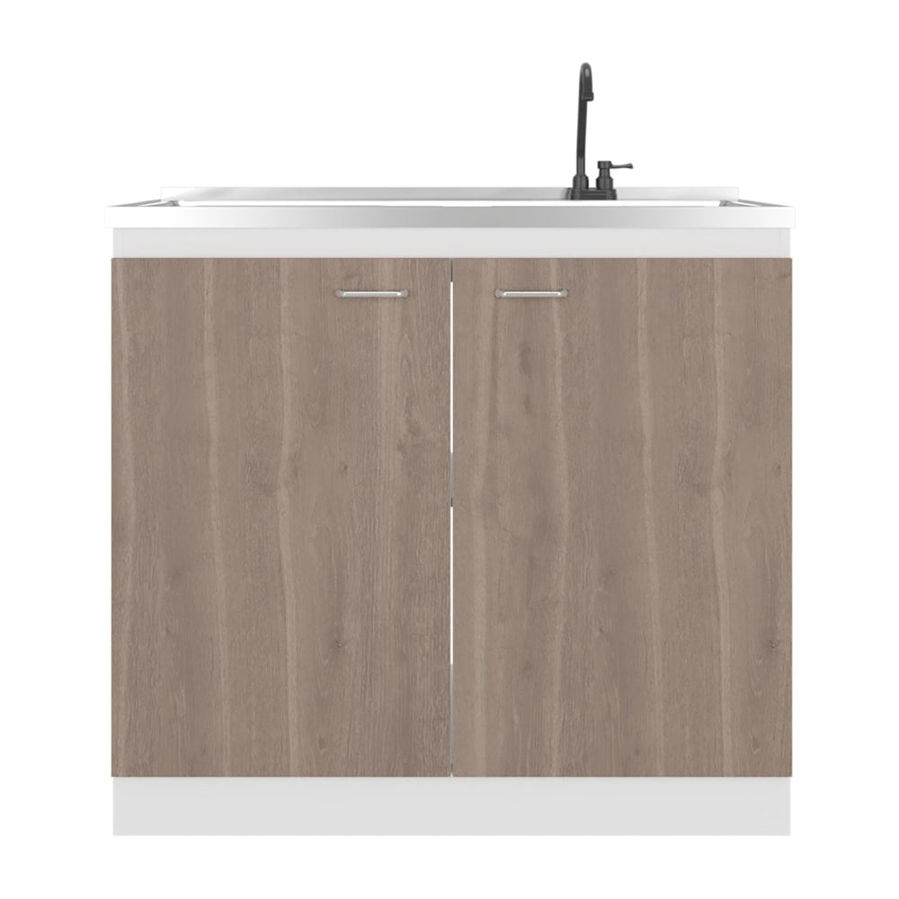 English Elm Zurich Freestanding Stainless Steel Utility Sink with Black Storage Cabinet for Garage Light Espresso B200S00459