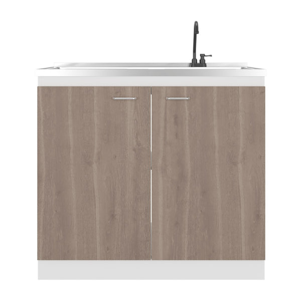 English Elm Zurich Freestanding Stainless Steel Utility Sink with Black Storage Cabinet for Garage Light Espresso B200S00459