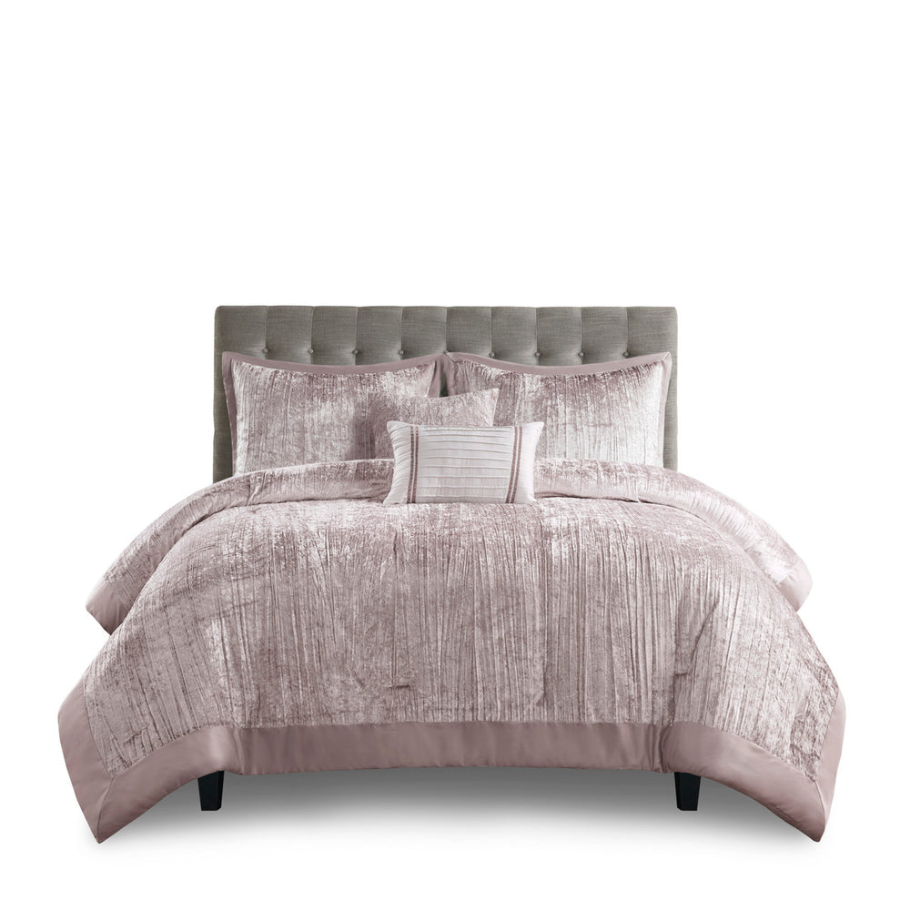 English Elm 5 Piece Crinkle Velvet Comforter Set King/Cal King Luxe Glam Crushed Pleat Charmeuse Trim, Hypoallergenic Filling Blush 19.29 L x 23.62 W x 11.02 H B035P148353