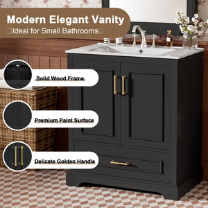 English Elm 30" Freestanding Bathroom Vanity Matte Black Solid Wood Ceramic Sink Soft Close N729P321376B