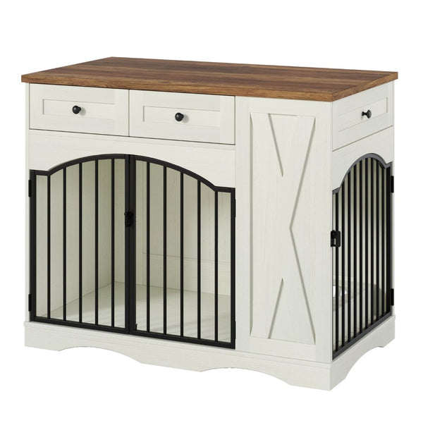 English Elm Go Farmhouse Wooden Dog Crate End Table with 3 Drawers and Built-in Pet Feeder N704P371282D