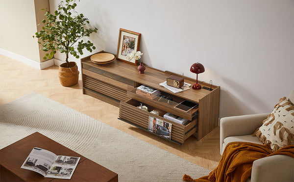 English Elm Christopher Knight Home® - Mirod Modern TV Stand with 4 Drawers, Tempered Glass Top, Built-In Charging Ports & LED Lighting Walnut N760P255436Z