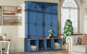 English Elm [Assembly Farmhouse Hall Tree with Walnut Bench & 8 Cabinets, 4 Hooks, Shoe Storage and Anti-Tip Design Blue N721P286082C