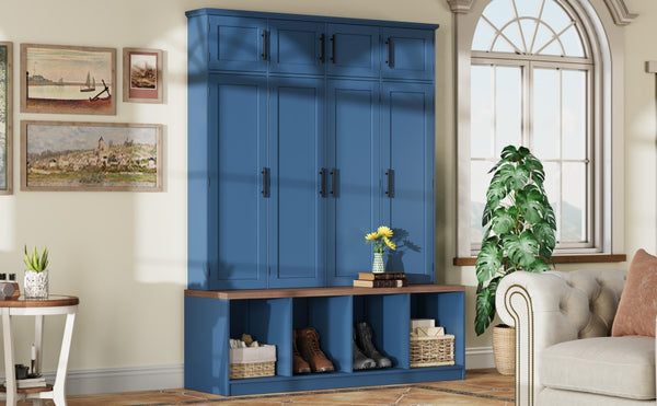 English Elm [Assembly Farmhouse Hall Tree with Walnut Bench & 8 Cabinets, 4 Hooks, Shoe Storage and Anti-Tip Design Blue N721P286082C