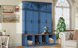 English Elm Farmhouse Hall Tree with Triple Arch Back Panel Eight Hooks Drawers and Entryway Bench Blue N721S000059C-1