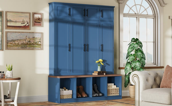 English Elm Farmhouse Hall Tree with Triple Arch Back Panel Eight Hooks Drawers and Entryway Bench Blue N721S000059C-1