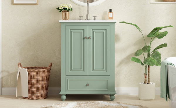 English Elm 24'' French Style Bathroom Vanity with Ceramic Sink Soft Close Cabinet and Drawer Green N710P411227F