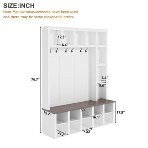 English Elm Farmhouse Hall Tree with Triple Arch Back Panel Eight Hooks Drawers and Entryway Bench N721S000044K-1