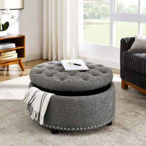 English Elm Tufted Linen Square Ottoman with Lift Top Storage Nailhead Trim Living Room Dark Gray B2748P481671