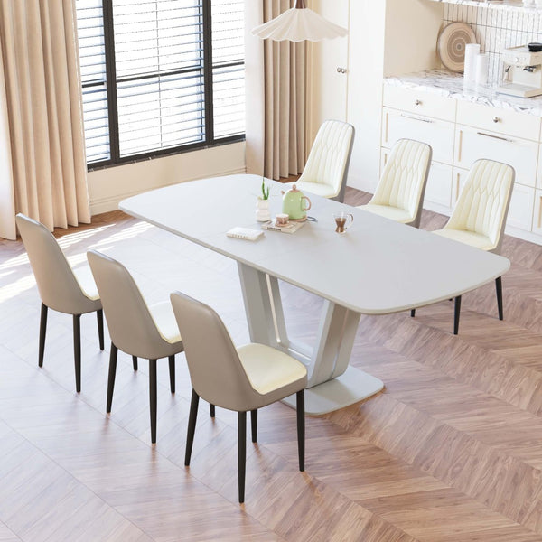 English Elm 62.99-78.74" Extendable Dining Table Set Seats 8 with Six Pu Upholstered Cushioned Chairs Beige+Grey W2189S00858