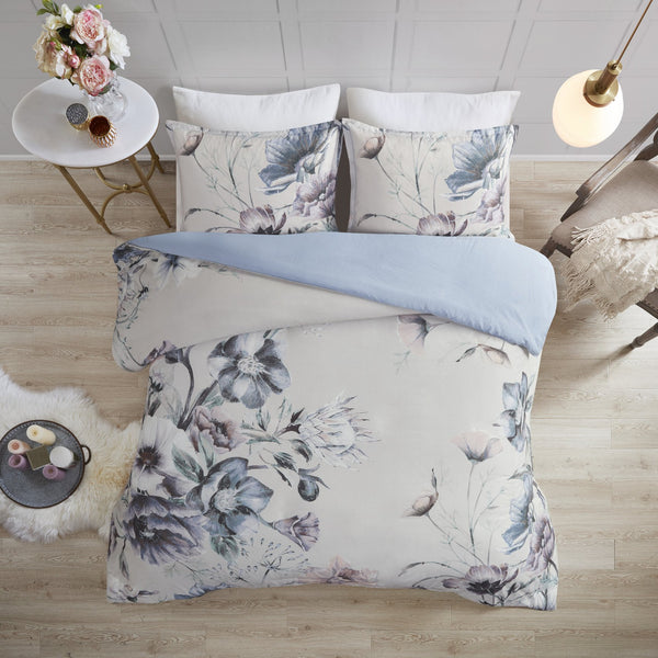 English Elm Full/Queen Cassandra 3-Piece Cotton Printed Duvet Cover Set – Shabby Chic Floral Blue, OEKO-TEX Certified Comfort B03597363