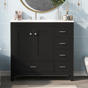 English Elm 36" Black Bathroom Vanity with Ceramic Sink, 2 Soft-Close Doors & 5 Drawers, Modern Storage Elegance N729P183735B