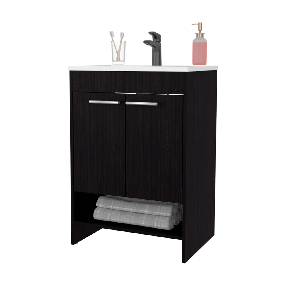 English Elm Wengue Modern 2-Door Bathroom Vanity with Open Shelves, Waterproof Cabinetry, Sleek Wenge Finish B062P355532