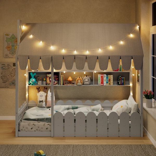 English Elm {slats Are Not Included} Twin Montessori House Floor Bed Kids Tent Lights Shelves Pinewood Frame Gray N708P407962E