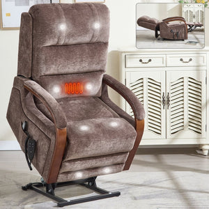 English Elm Power Lift Recliner Chair Chenille Upholstery Dual Motor Heat Massage Solid Wood Arms Brown W1803S00068