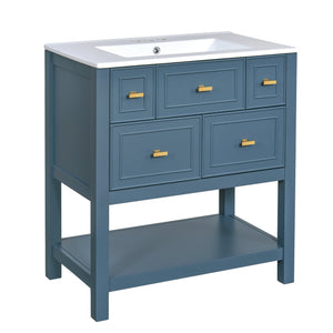 English Elm 30'' Bathroom Vanity with Ceramic Sink, Solid Wood Frame Freestanding Cabinet with 5 Drawers, Gold Knobs and Smooth Slide Rails Blue N710P247488C