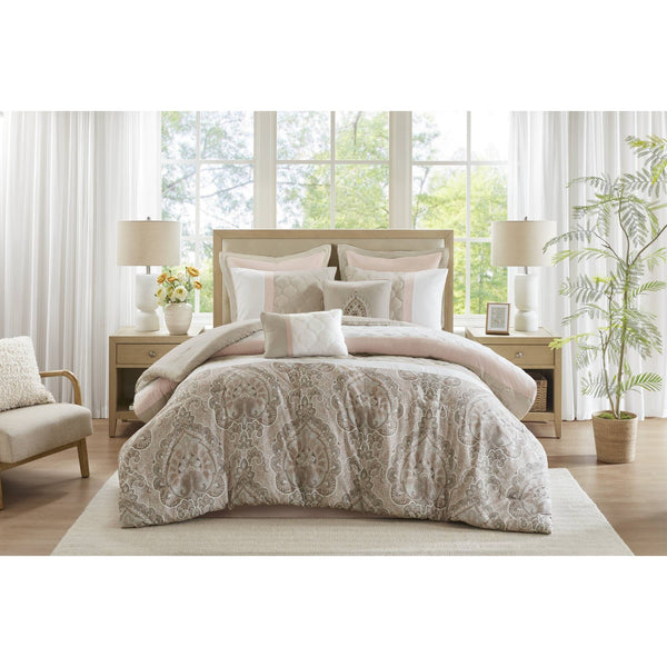 JLA Home 510 Design - 8 Shawnee 8-piece Comforter Set Blush Taupe Diamond Quilting Damask Accents Hypoallergenic Microfiber 5DS10-0224